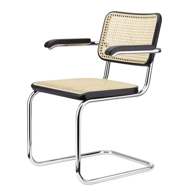 Thonet   64   Cantilever Spisebordsstol Med Armlæn Krom Sort Bejdset Bøgetræ